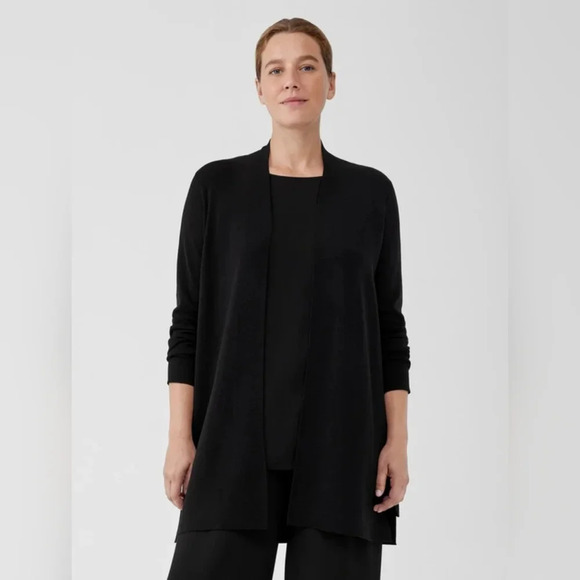 Eileen Fisher Ultra Fine Merino Straight Long Cardigan Black Size M Preowned - Picture 1 of 9
